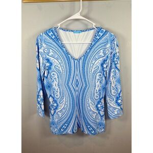 J.McLaughlin Catalina Cloth Top Blue White Paisley V-Neck 3/4 Sleeve Womens L